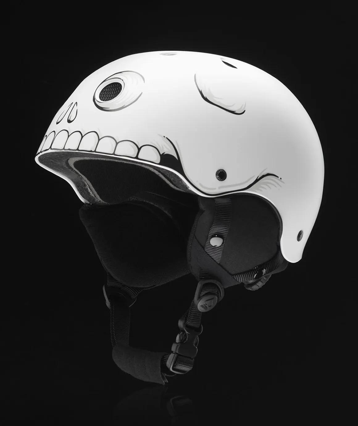 White Pro-Tec helmet with a cartoon skull graphic