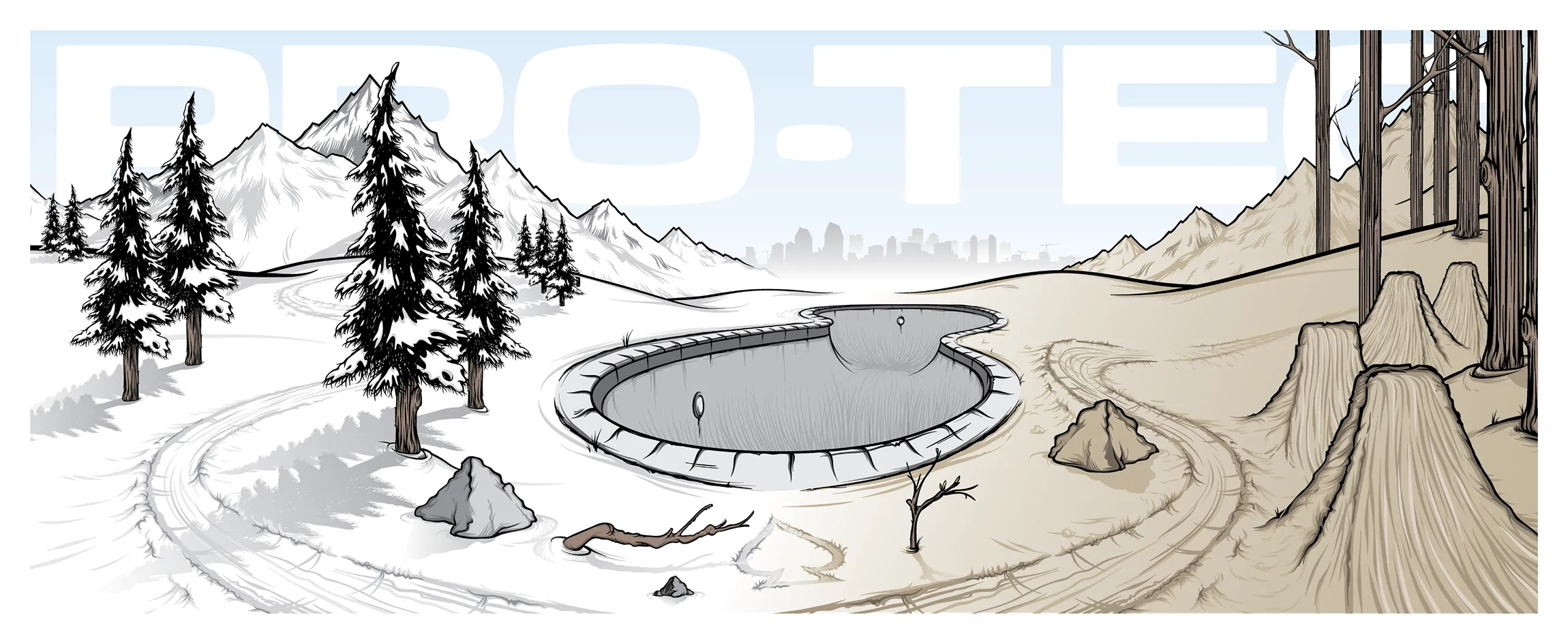 Illustrated landscape with a skate bowl, dirt jumps, and pine trees under the Pro-Tec logo