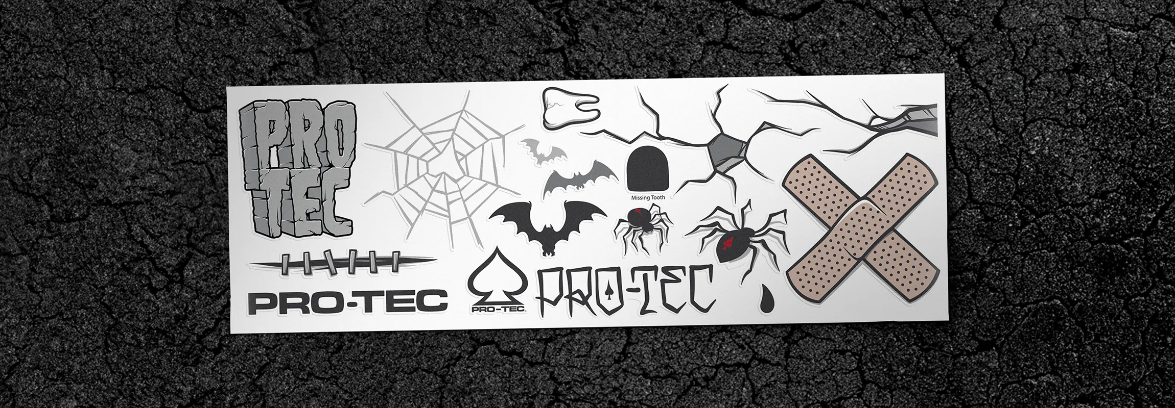 Pro-Tec sticker sheet with spider web, bats, and logos on asphalt