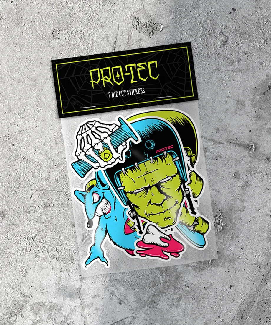 Packaged Pro-Tec die-cut sticker pack on concrete