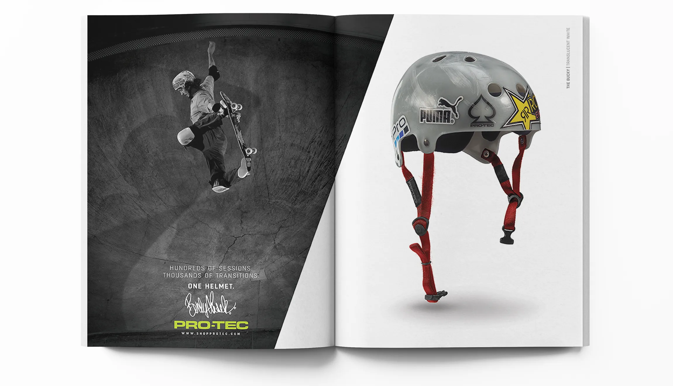 Open magazine with a Pro-Tec ad featuring a skater in a bowl