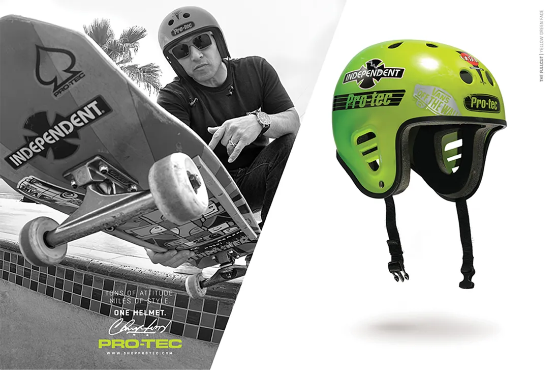 Pro-Tec signature helmet ad with a skater and a green Independent helmet