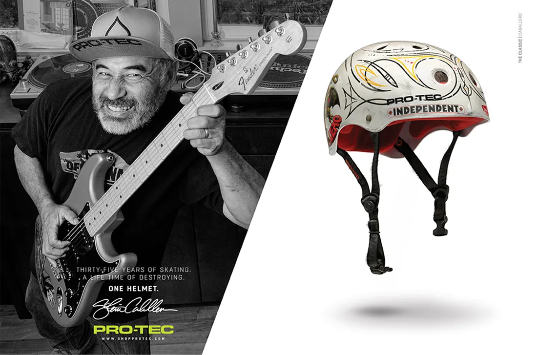 Pro-Tec signature helmet ad with a skater playing guitar