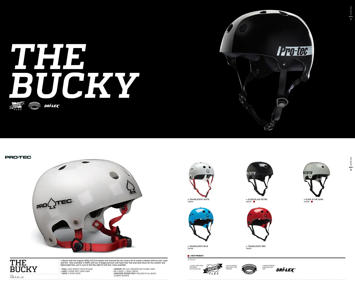 Pro-Tec catalog pages introducing The Bucky helmet