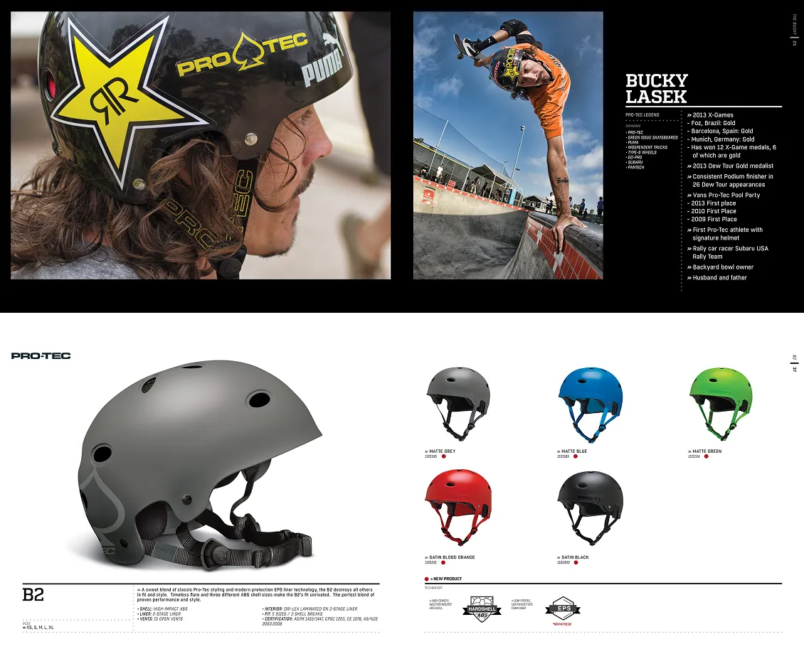 Pro-Tec catalog pages with the Bucky Lasek signature and B2 helmets