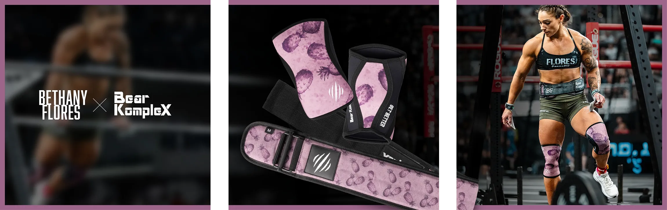 Bethany Flores and Bear KompleX collaboration ads with pink patterned gear