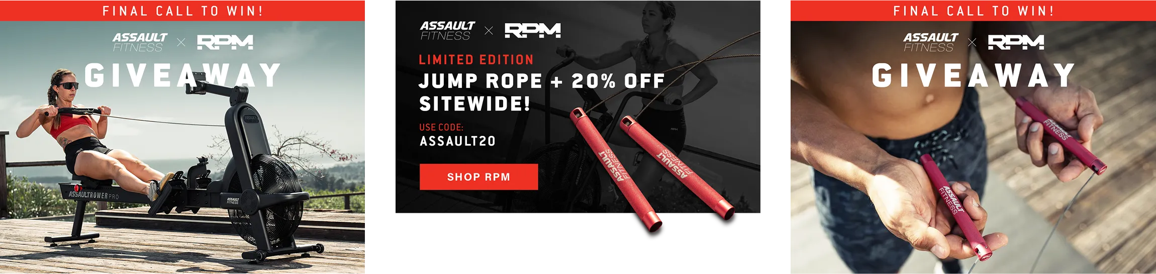 Assault Fitness and RPM giveaway and jump rope sale ads