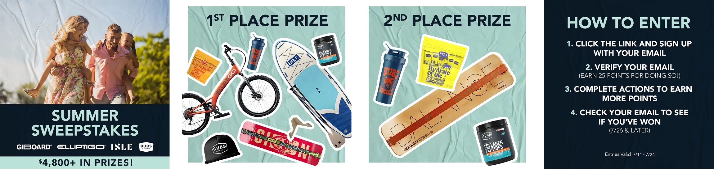 Summer sweepstakes ads for GiBoard, ElliptiGO, Isle, and Bubs Naturals with prize and entry details