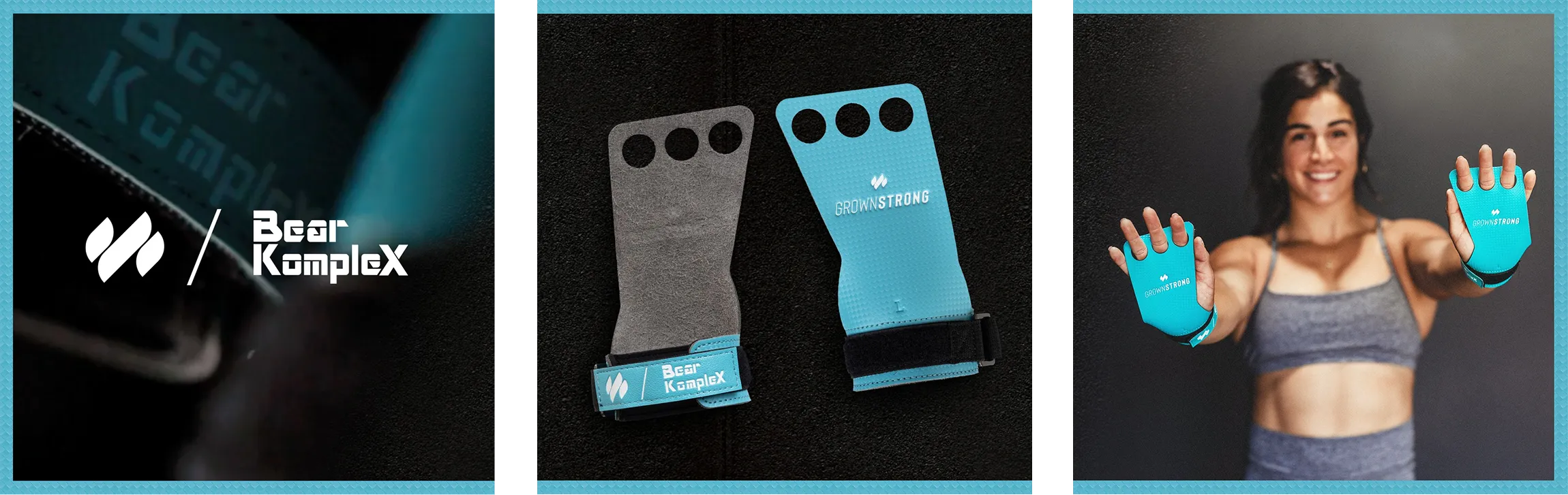 Bear KompleX blue grips shown on their own and worn by an athlete