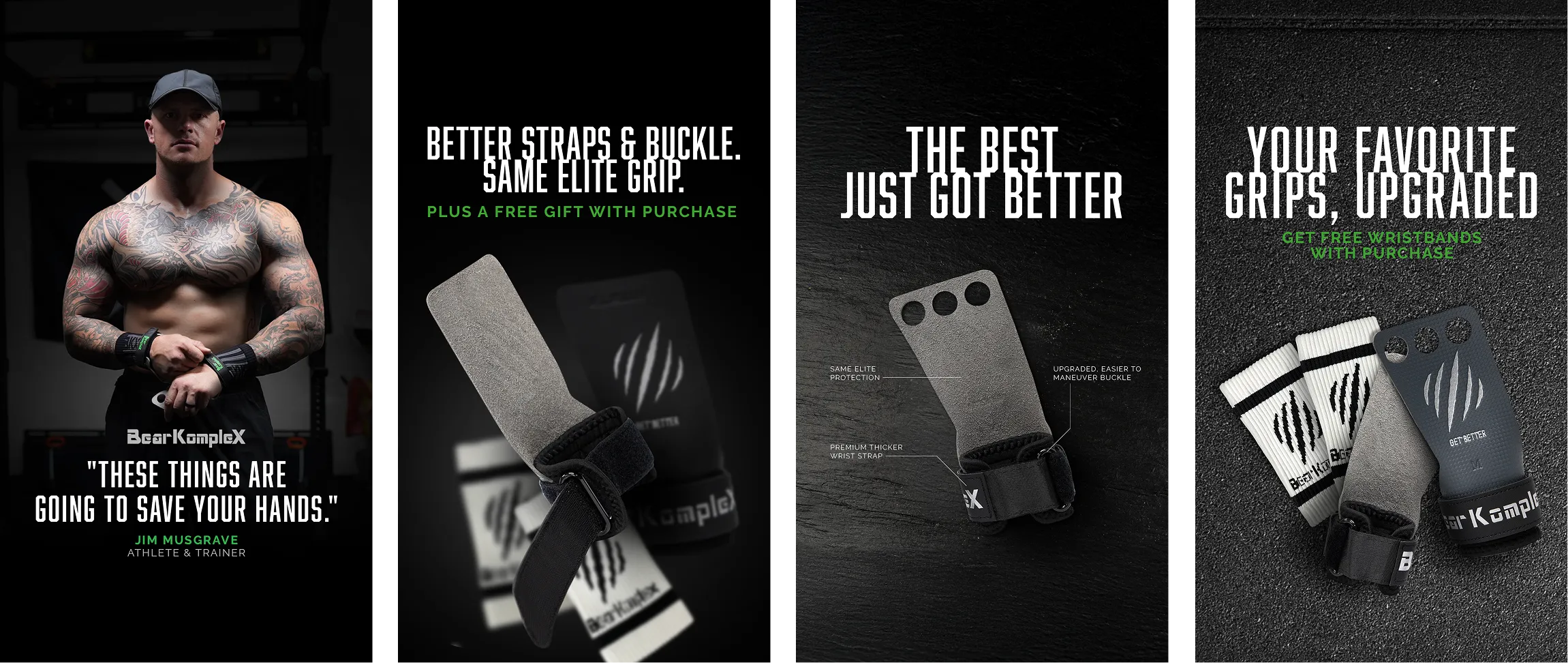 Bear KompleX grip and wrist strap ads with a tattooed athlete